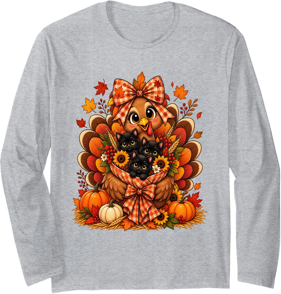 Turkey Black Kittens Cat Mom Cat Lover Women Thanksgiving Long Sleeve T-Shirt - Adult Unisex Heather Grey