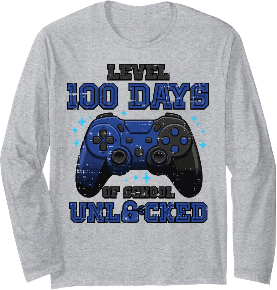 Level 100 Days of School Unlocked Gamer 100th Day Boys Kids Long Sleeve T-Shirt - Adult Unisex Heather Grey