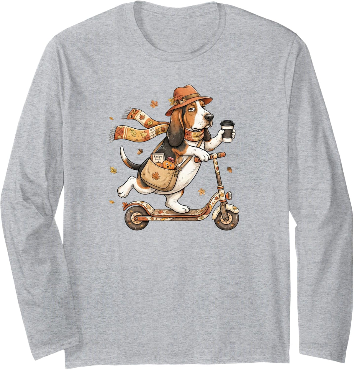 Autumn Scooter Basset Hound Thanksgiving Womens Mens Kids Long Sleeve T-Shirt - Adult Unisex Heather Grey