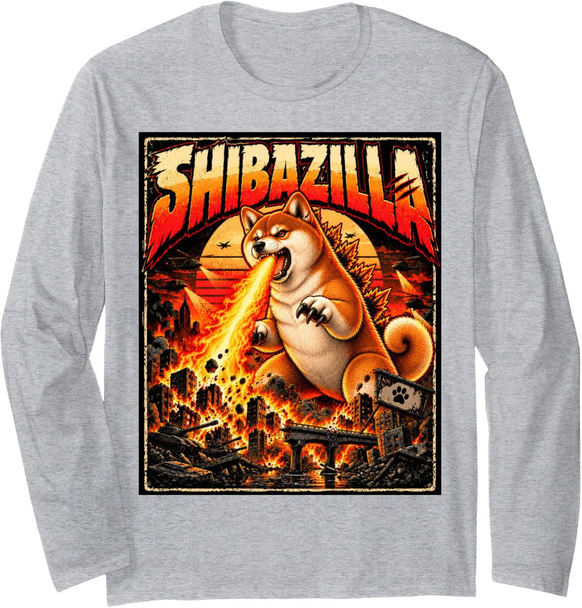 Shibazilla Giant Shiba Inu Dog Monster Funny Retro Parody Long Sleeve T-Shirt - Adult Unisex Heather Grey