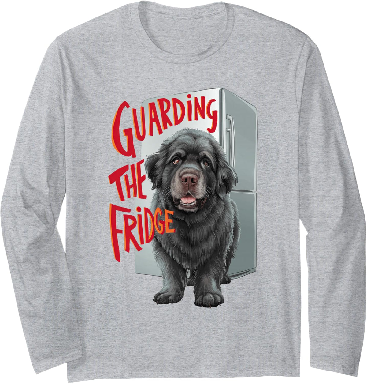 Newfoundland Dog Guarding Fridge Funny Canine Long Sleeve T-Shirt - Adult Unisex Heather Grey