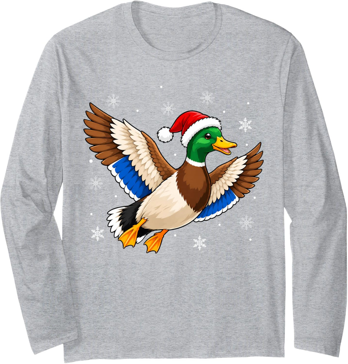 Festive Santa Hat Mallard Duck Christmas Long Sleeve T-Shirt - Adult Unisex Heather Grey