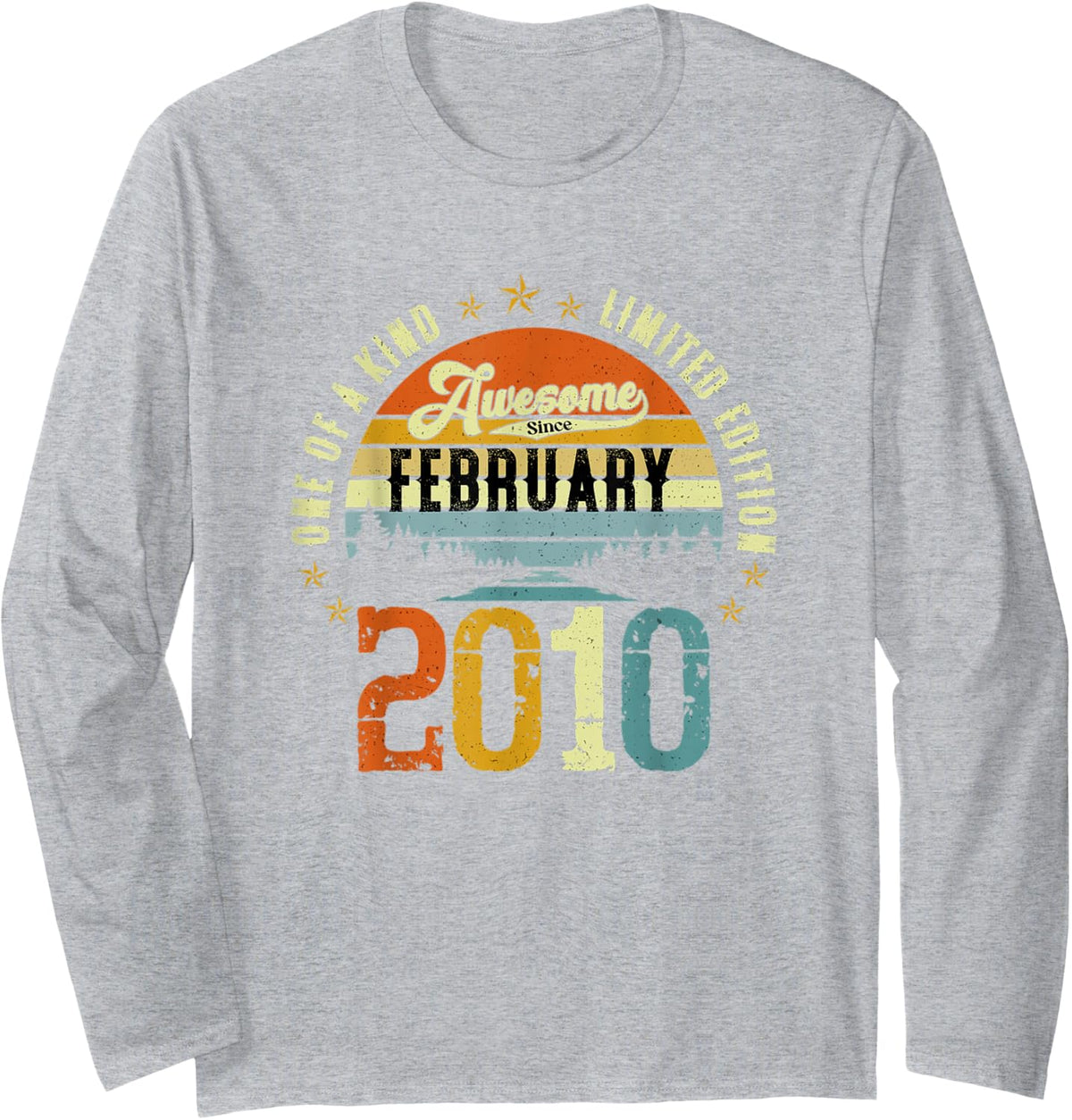 Vintage 12th Birthday Awesome Since February 2010 Long Sleeve T-Shirt - Adult Unisex Heather Grey