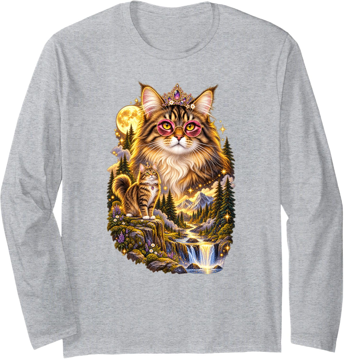 Fantasy Tabby Cat Queen Forest Moon Waterfall Long Sleeve T-Shirt - Adult Unisex Heather Grey