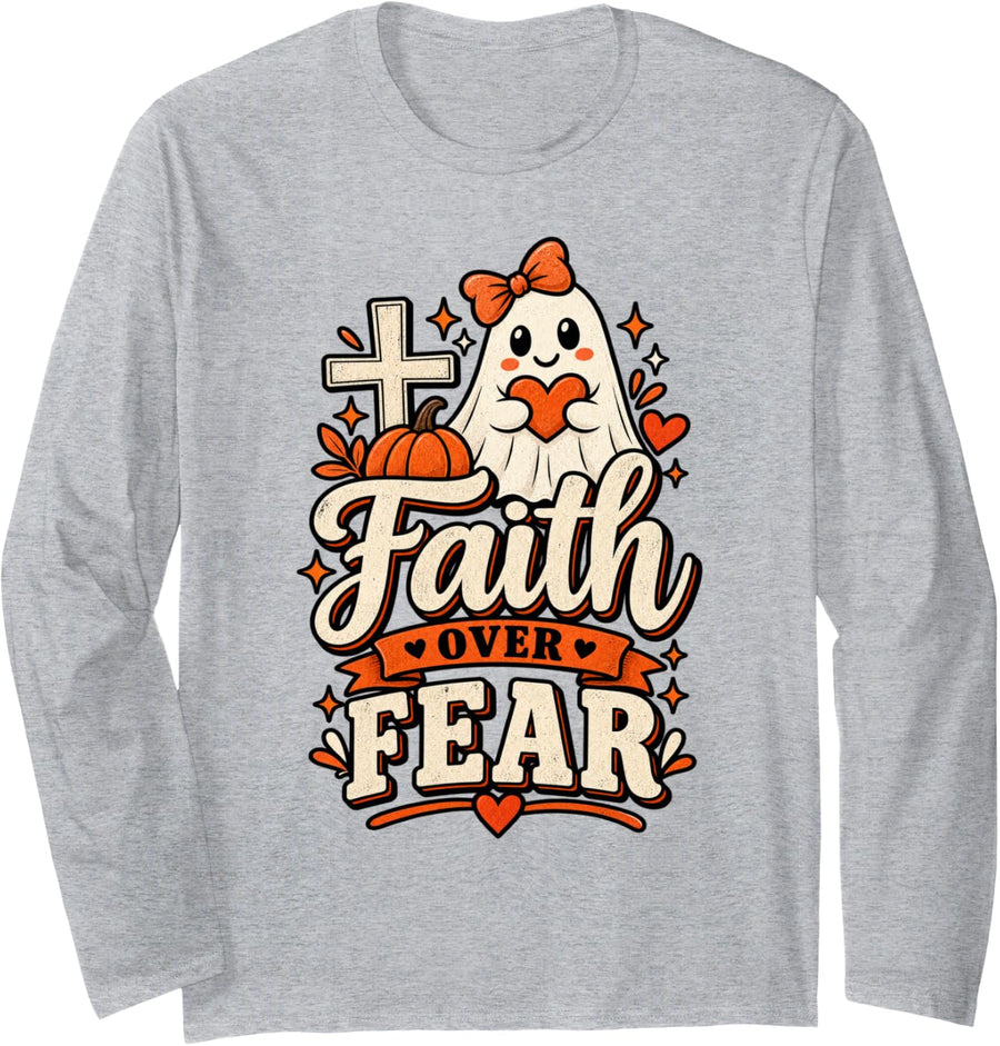 Retro Faith Over Fear - Cute Christian Women Halloween Ghost Long Sleeve T-Shirt - Adult Unisex Heather Grey