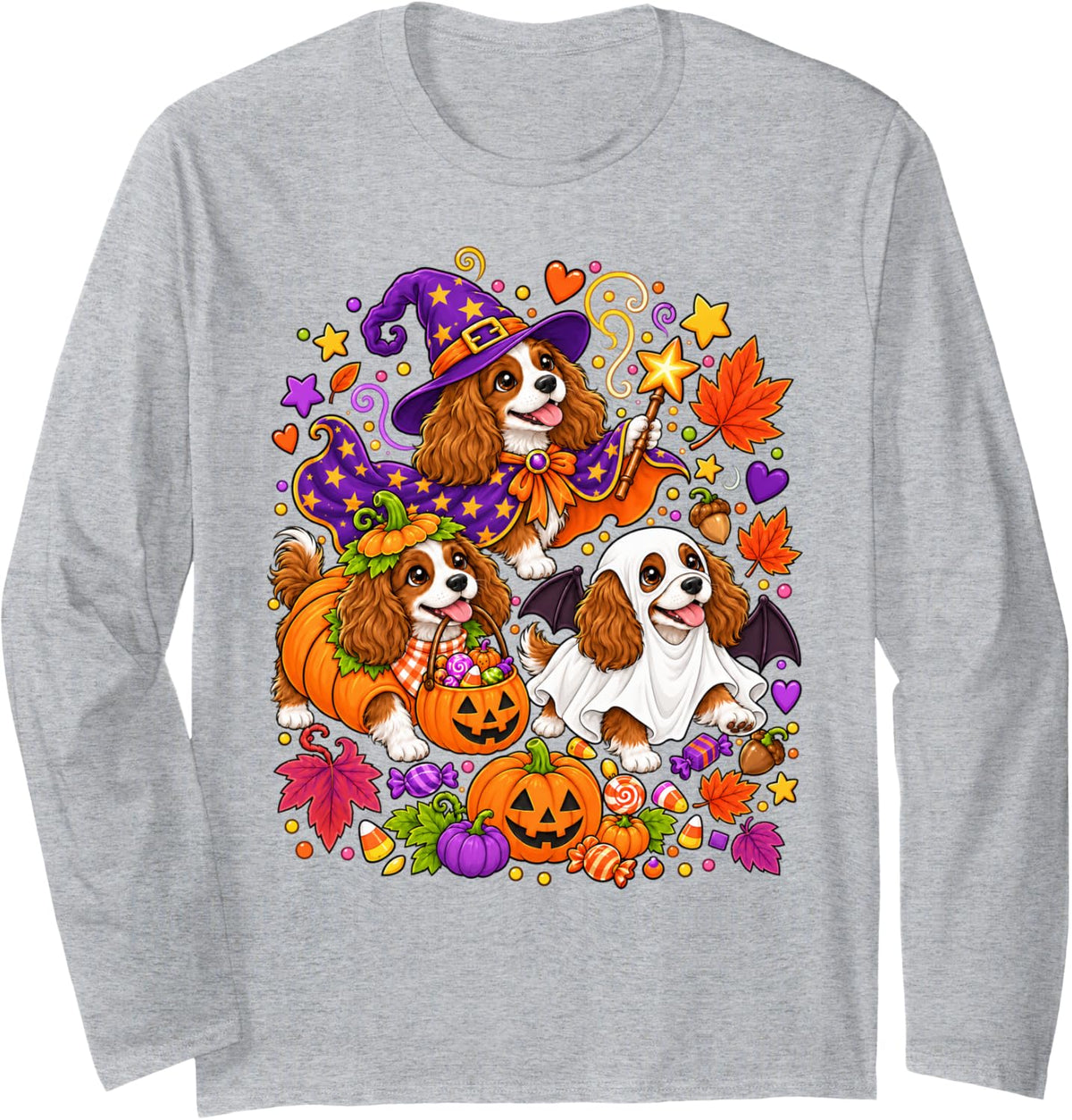 Cavalier King Charles Spaniel Halloween Witch Ghost Pumpkin Long Sleeve T-Shirt - Adult Unisex Heather Grey