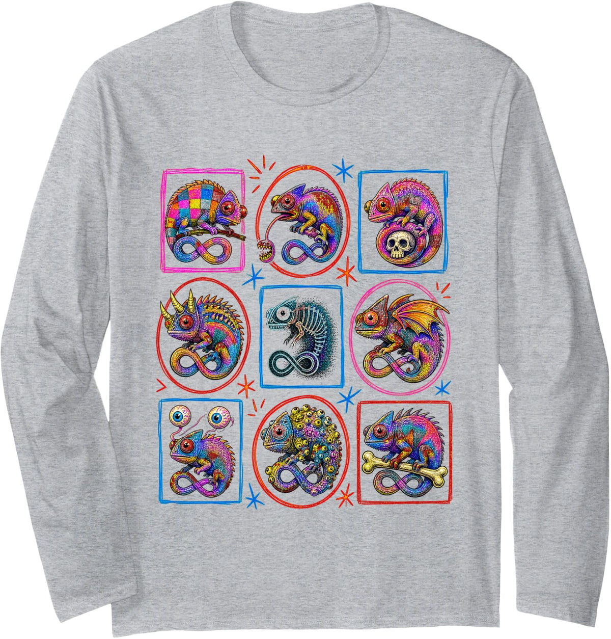 Cute Creepy Chameleon Lizard Reptile Long Sleeve T-Shirt - Adult Unisex Heather Grey