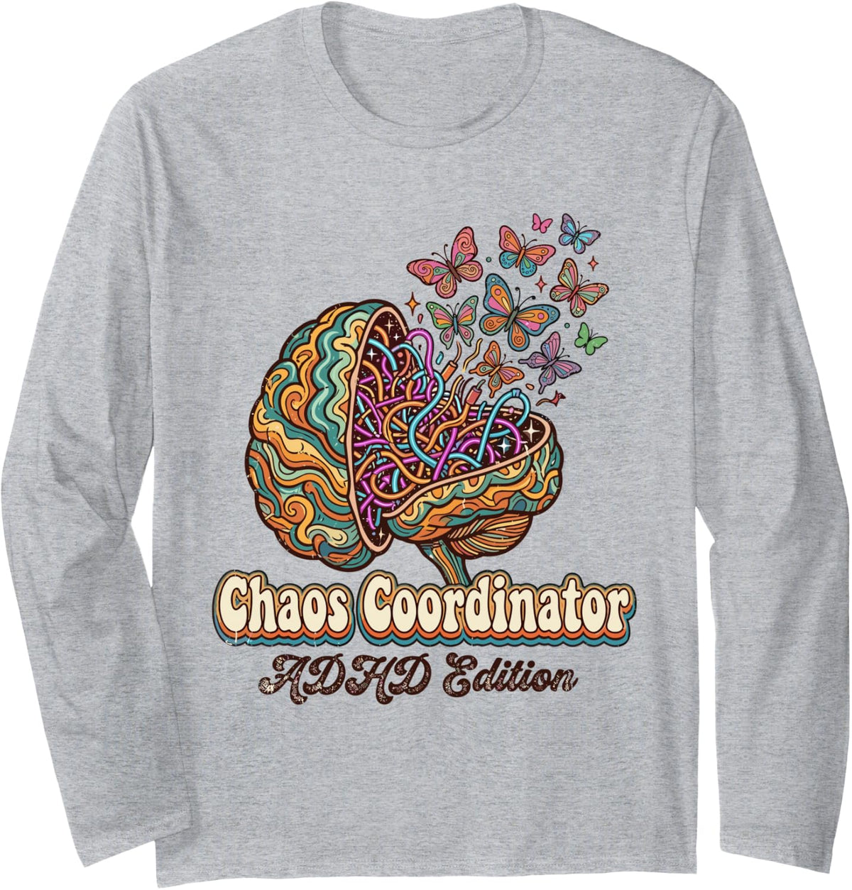 Chaos Coordinator ADHD Edition Floral Brain Retro Sketch Long Sleeve T-Shirt - Adult Unisex Heather Grey