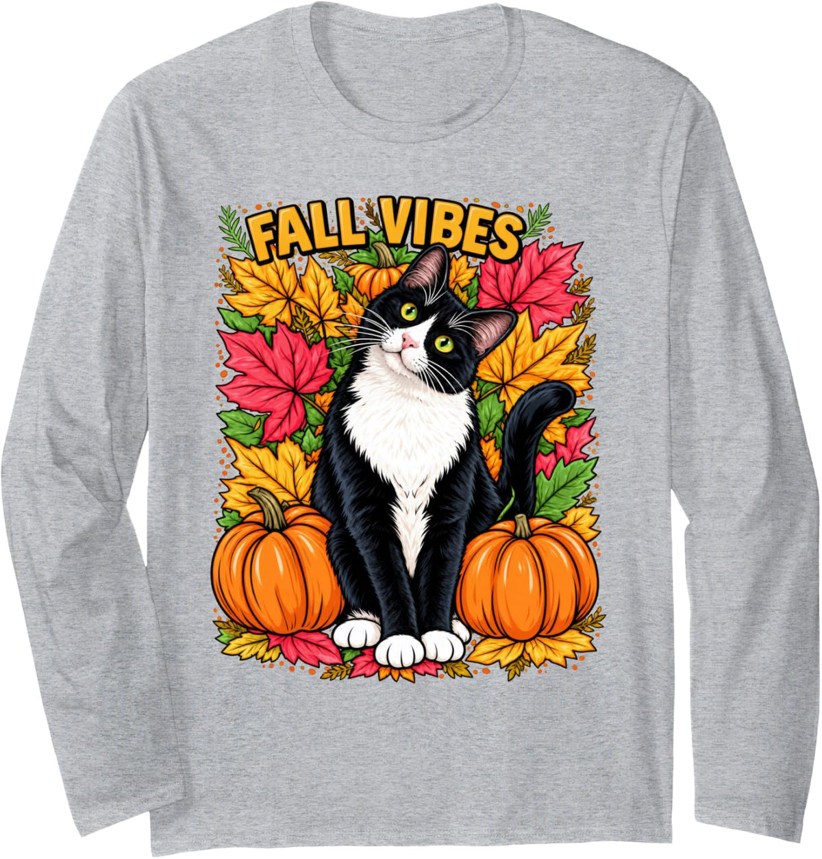 Tuxedo Cat Fall Vibes Purr FECT Autumn for Cat Moms Dads Long Sleeve T-Shirt - Adult Unisex Heather Grey