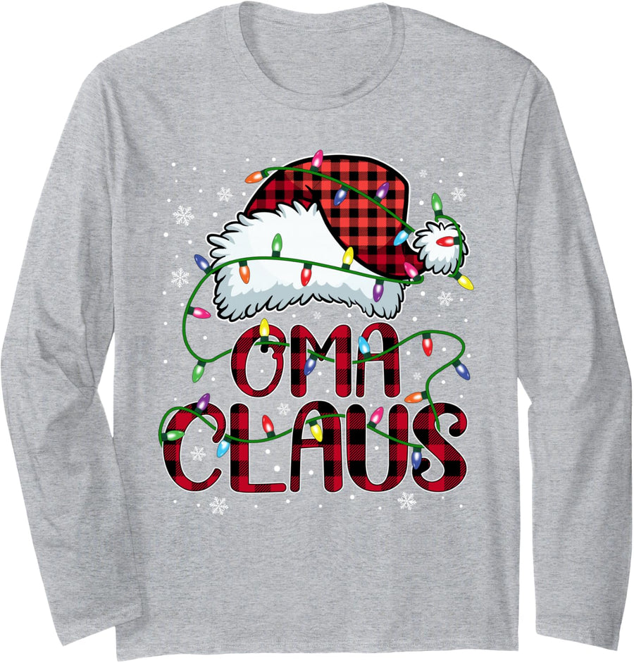Merry Christmas Buffalo Plaid Red Santa Hat Oma Claus Long Sleeve T-Shirt - Adult Unisex Heather Grey