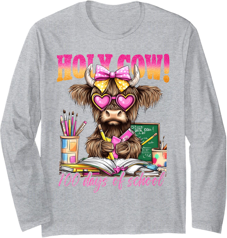 Holy Cow 100 Days of School Cute Highland Cow Teachers Kids Long Sleeve T-Shirt - Adult Unisex Heather Grey
