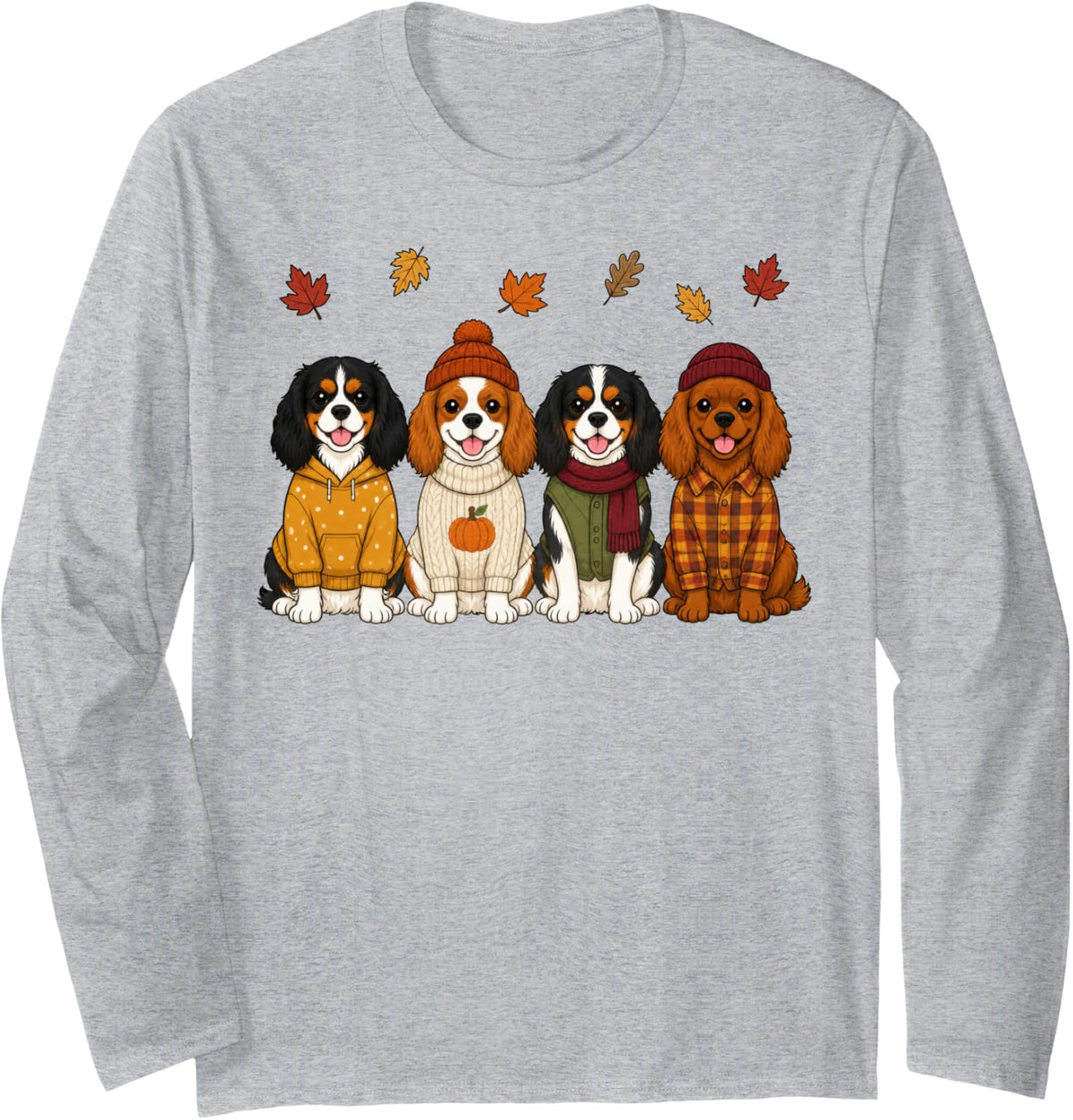 Cavalier King Charles Spaniel Fall Autumn Season Pumpkin Dog Long Sleeve T-Shirt - Adult Unisex Heather Grey