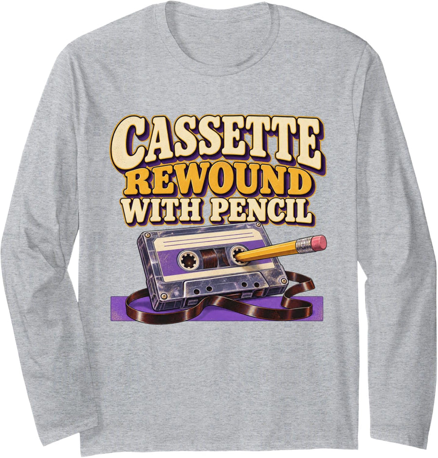 Cassette Rewound with Pencil 80s 90s Graphic Hip hop Long Sleeve T-Shirt - Adult Unisex Heather Grey