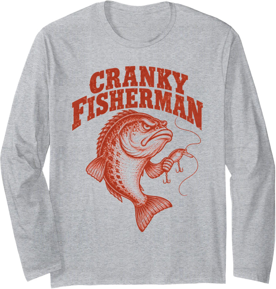 Cranky Fisherman Bass Fishing Lure Funny Angler Long Sleeve T-Shirt - Adult Unisex Heather Grey
