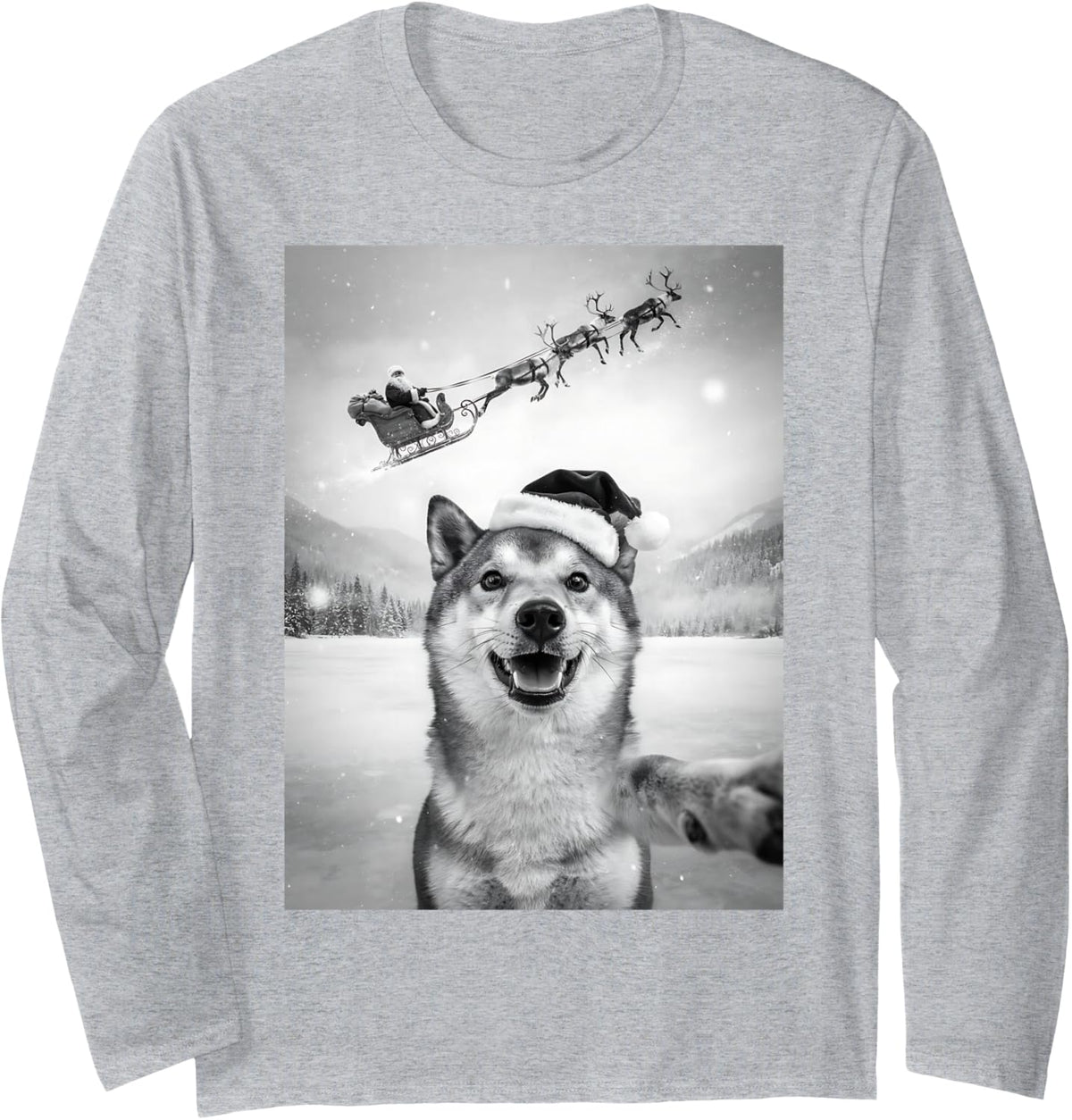 Funny Shiba Inu Christmas Selfie Santa Sleigh Dog Lover Long Sleeve T-Shirt - Adult Unisex Heather Grey