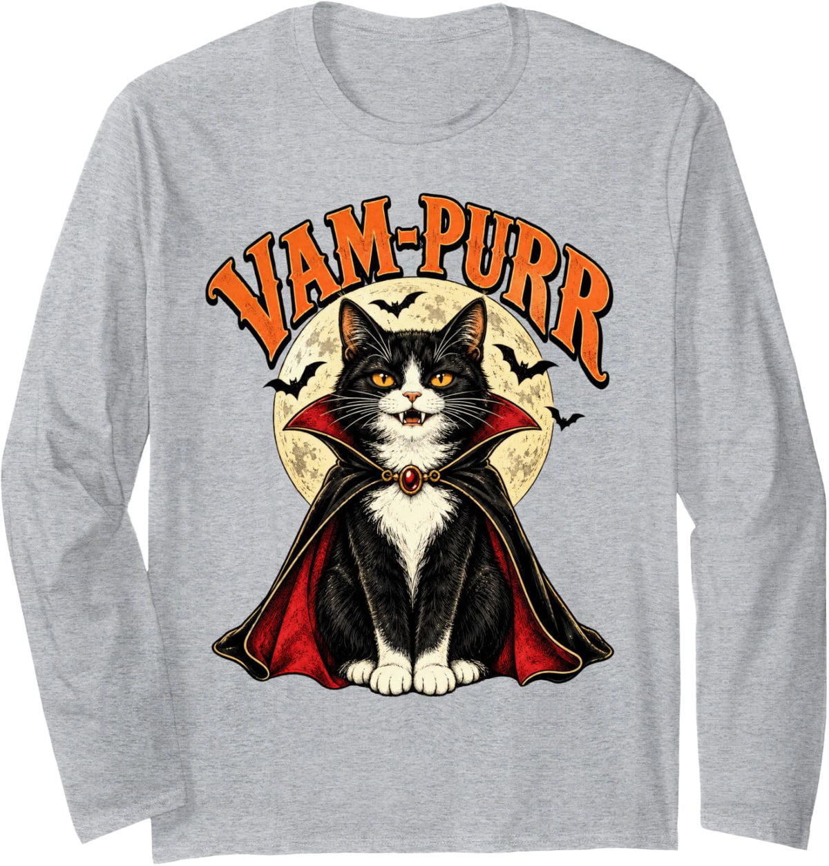 Tuxedo Cat Halloween Vampire Cape Moon Bats Long Sleeve T-Shirt - Adult Unisex Heather Grey