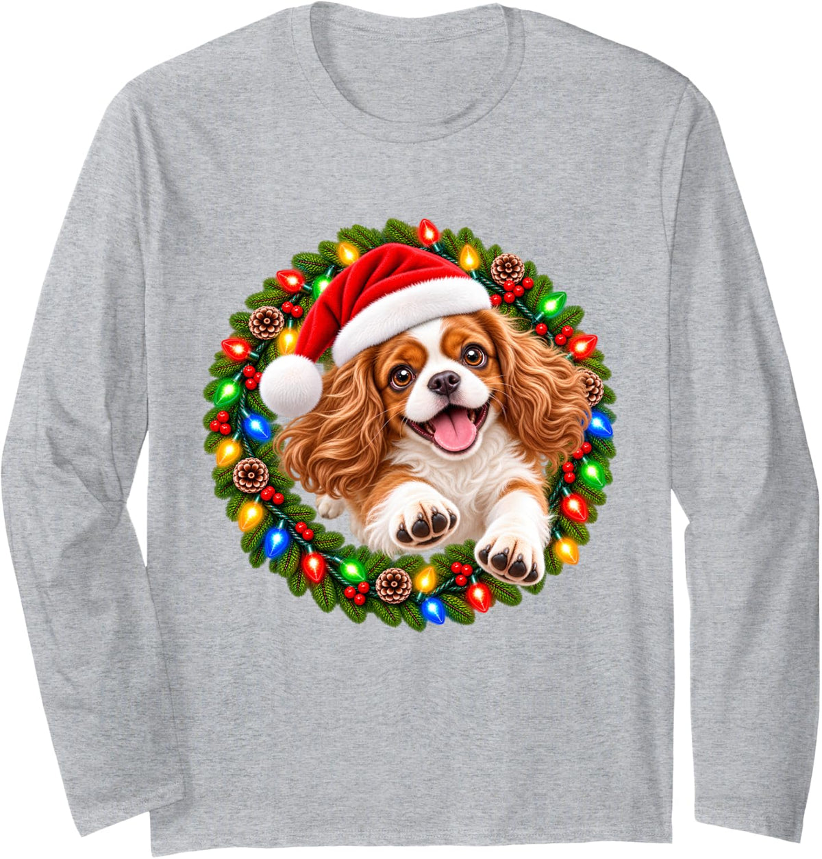 Cavalier King Charles Spaniel Christmas Jumping Dog Wreath Long Sleeve T-Shirt - Adult Unisex Heather Grey