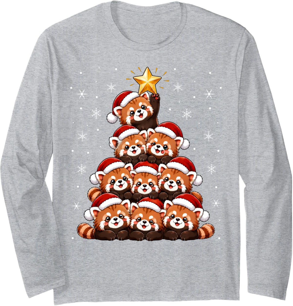 Cute Festive Santa Hat Red Panda Christmas Tree Long Sleeve T-Shirt - Adult Unisex Heather Grey