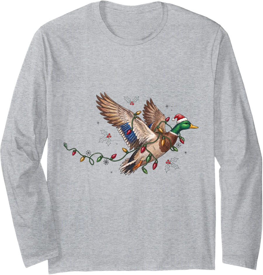 Flying Mallard Duck Santa Hat Christmas Lights Wildlife Long Sleeve T-Shirt - Adult Unisex Heather Grey