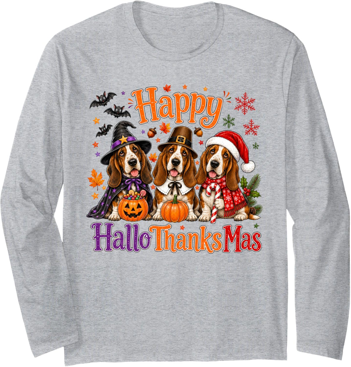 Basset Hound Happy Hallothanksmas Halloween Thanksgiving Long Sleeve T-Shirt - Adult Unisex Heather Grey