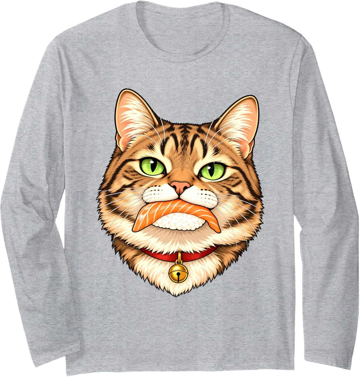 Tabby Cat Sushi Salmon Nigiri Long Sleeve T-Shirt - Adult Unisex Heather Grey
