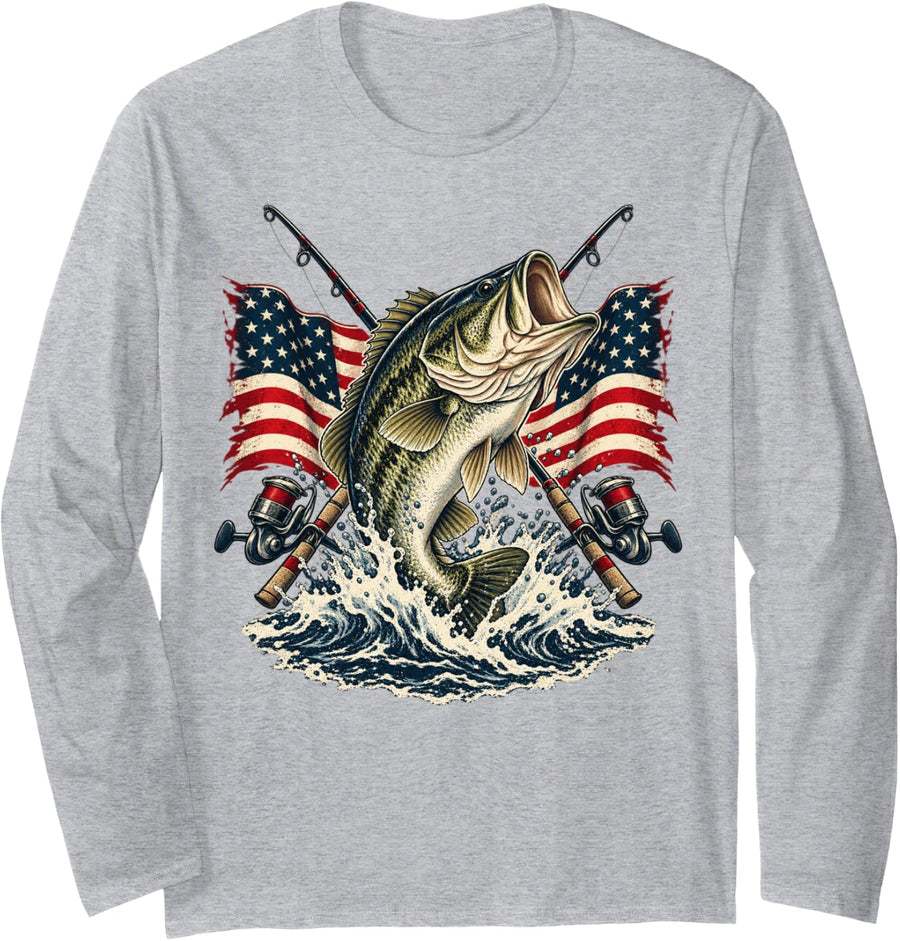 Patriotic Bass Fishing American Flag Angler Outdoors Long Sleeve T-Shirt - Adult Unisex Heather Grey