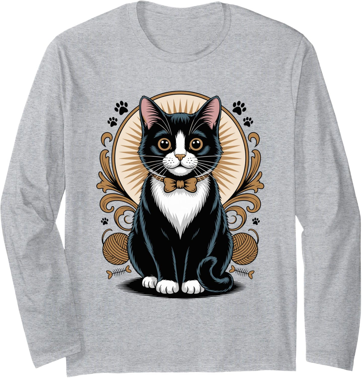 Tuxedo Cat Portrait Long Sleeve T-Shirt - Adult Unisex Heather Grey