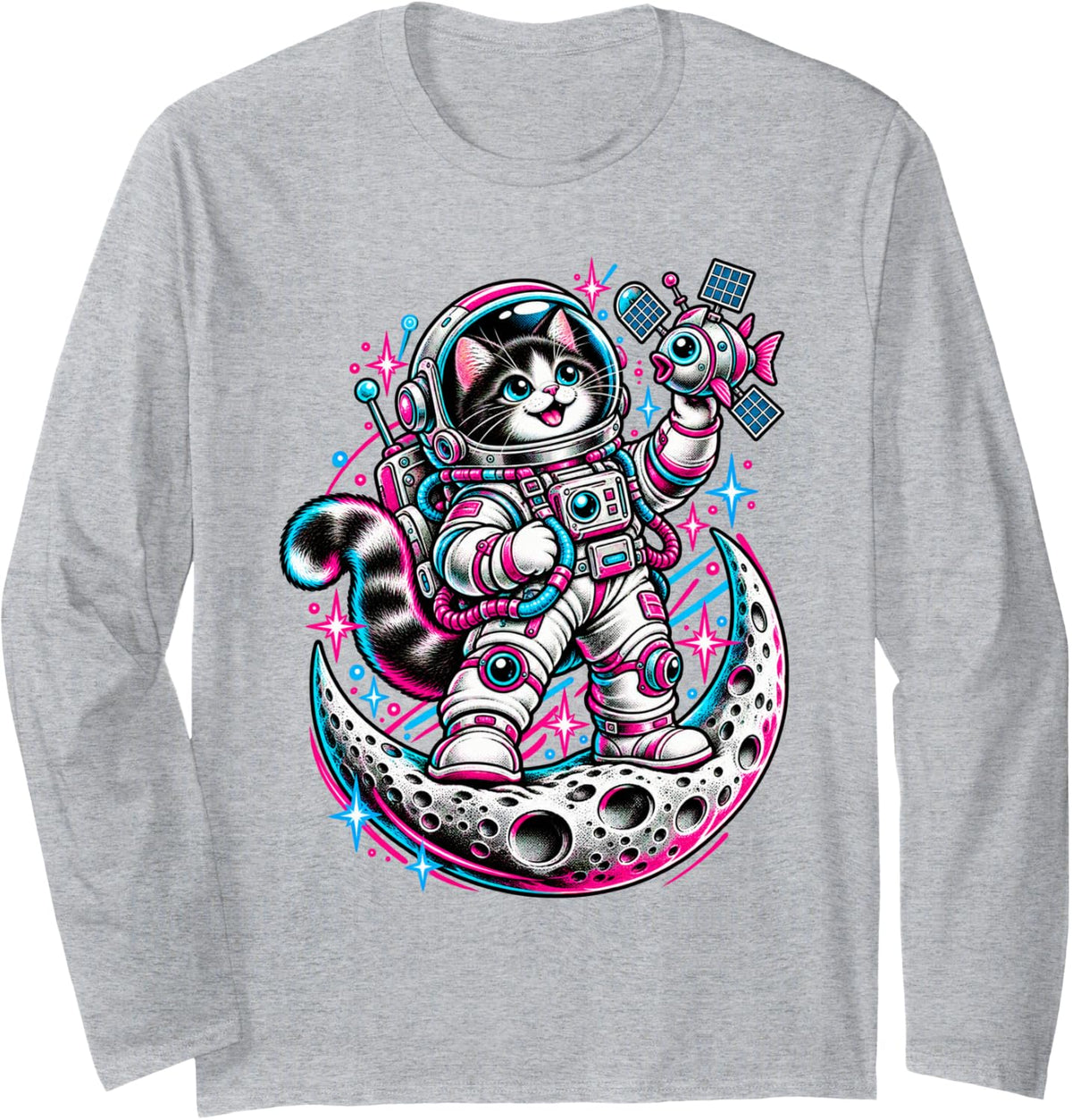 Cat Astronaut on the Moon - Kitten with Fish Satellite Long Sleeve T-Shirt - Adult Unisex Heather Grey
