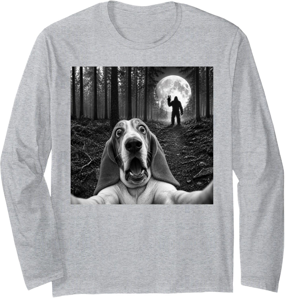 Basset Hound Selfie with Bigfoot Peace Sign Dog Sasquatch Long Sleeve T-Shirt - Adult Unisex Heather Grey