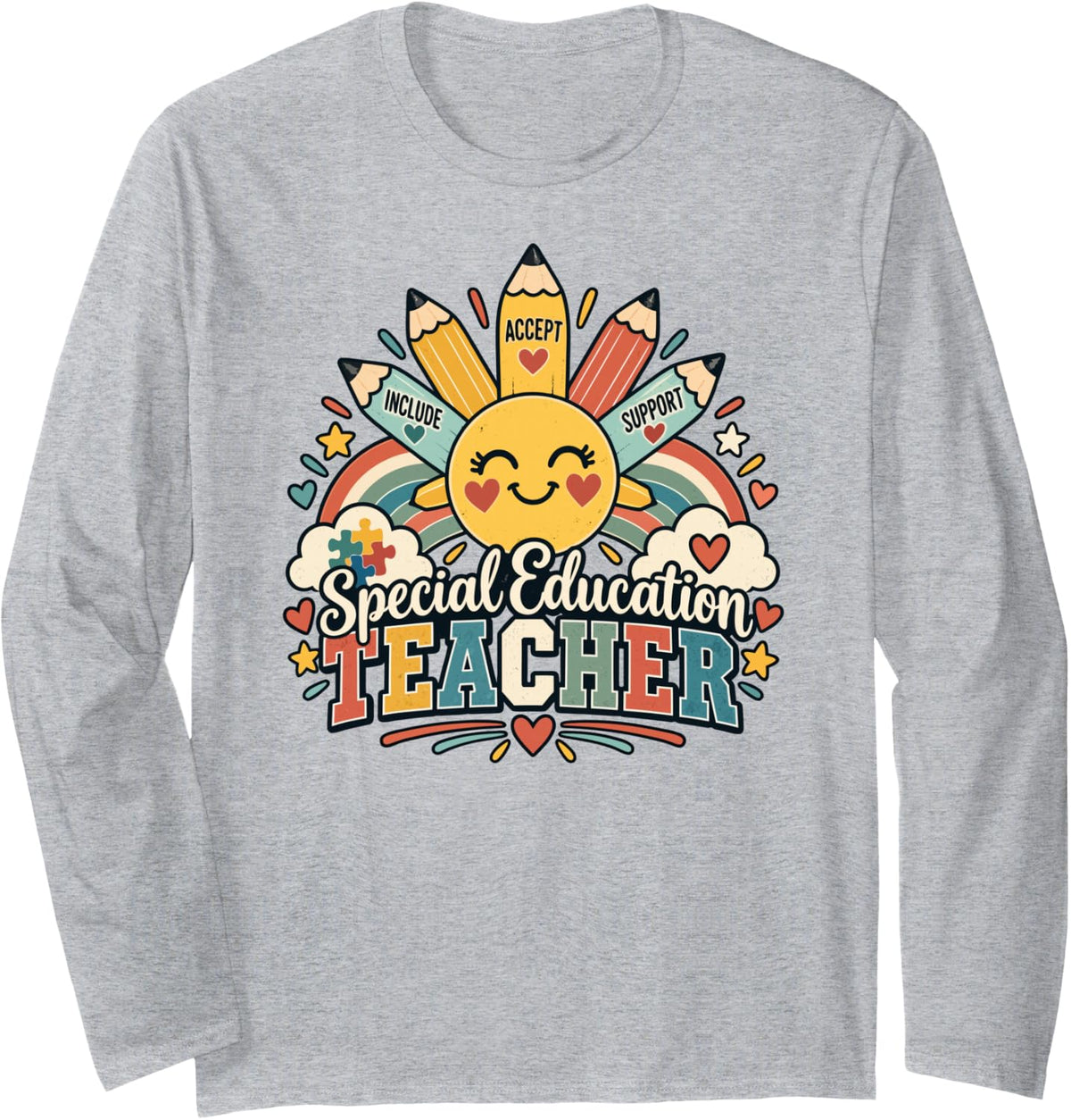 Retro Special Education Teacher SPED Inclusion Support Long Sleeve T-Shirt - Adult Unisex Heather Grey
