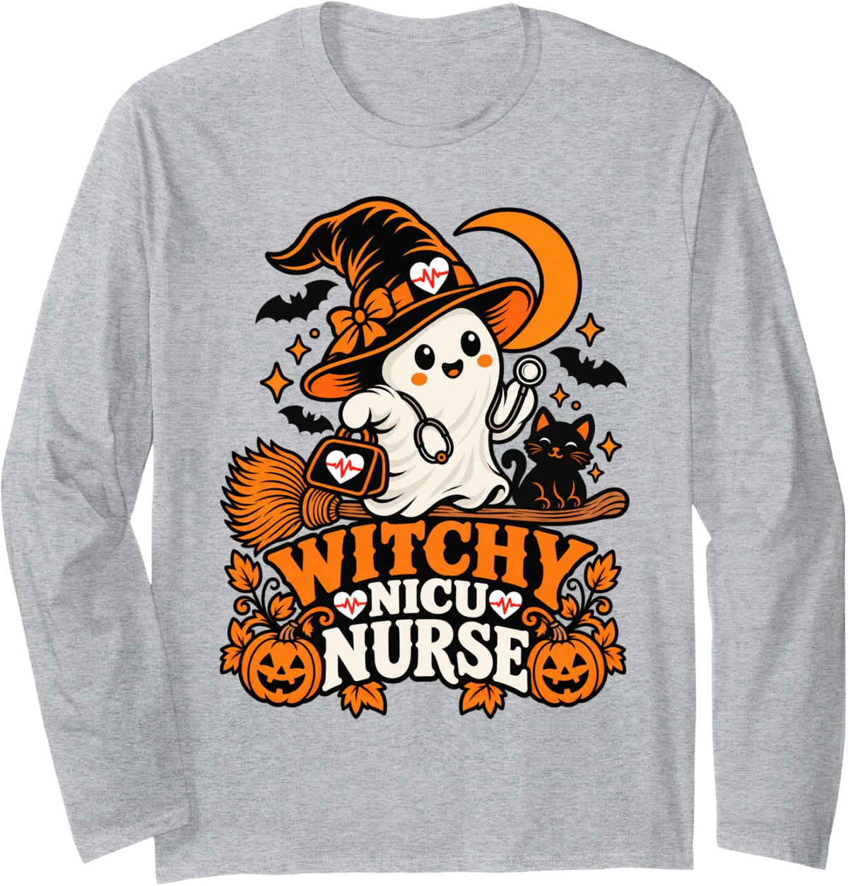 Funny Witchy NICU Nurse Ghost Halloween Long Sleeve T-Shirt - Adult Unisex Heather Grey