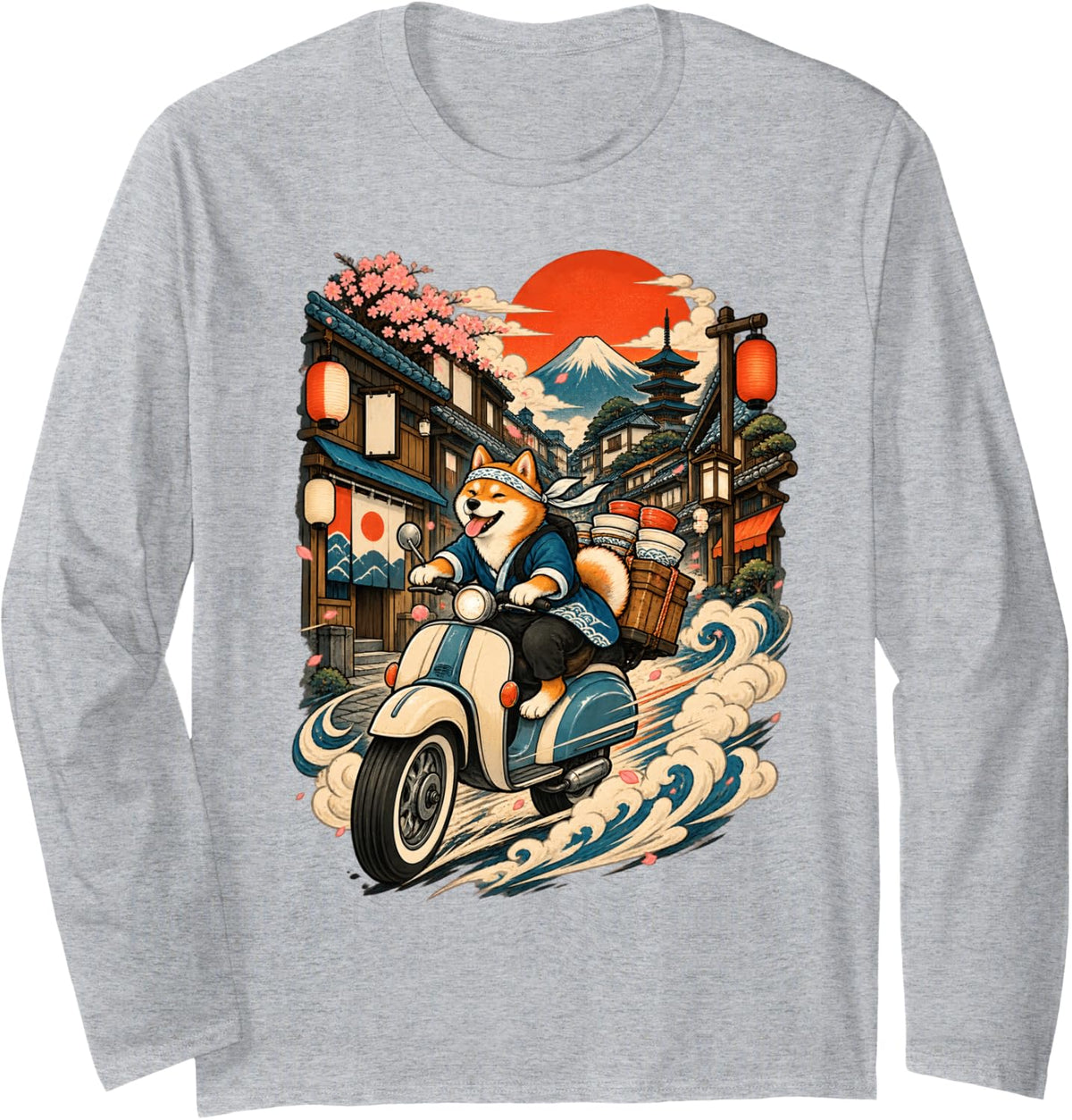 Shiba Inu Scooter Rider Japanese Street Ukiyo E Travel Long Sleeve T-Shirt - Adult Unisex Heather Grey