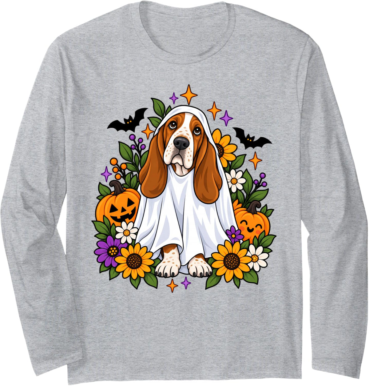 Floral Basset Hound Ghost Halloween Costume for Dog Lovers Long Sleeve T-Shirt - Adult Unisex Heather Grey