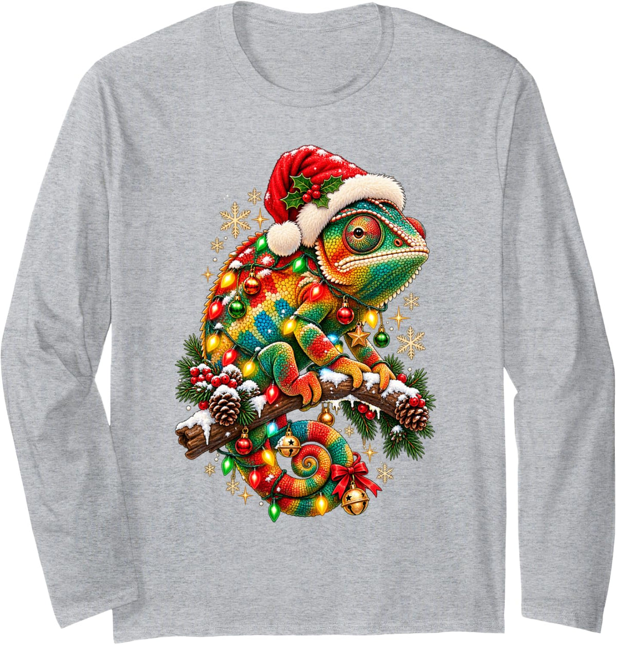 Chameleon Christmas Funny Santa Chameleoin in Xmas Lights Long Sleeve T-Shirt - Adult Unisex Heather Grey