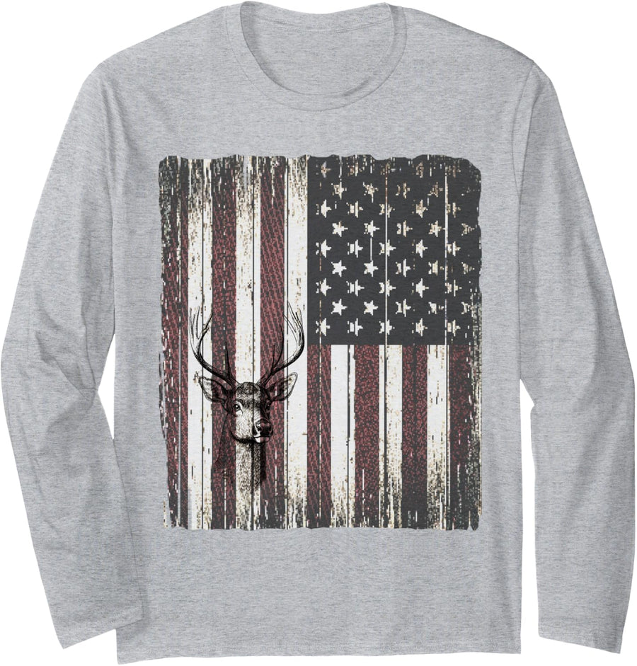 Deer Hunting Outdoors Patriotic American Flag Whitetail Buck Long Sleeve T-Shirt - Adult Unisex Heather Grey