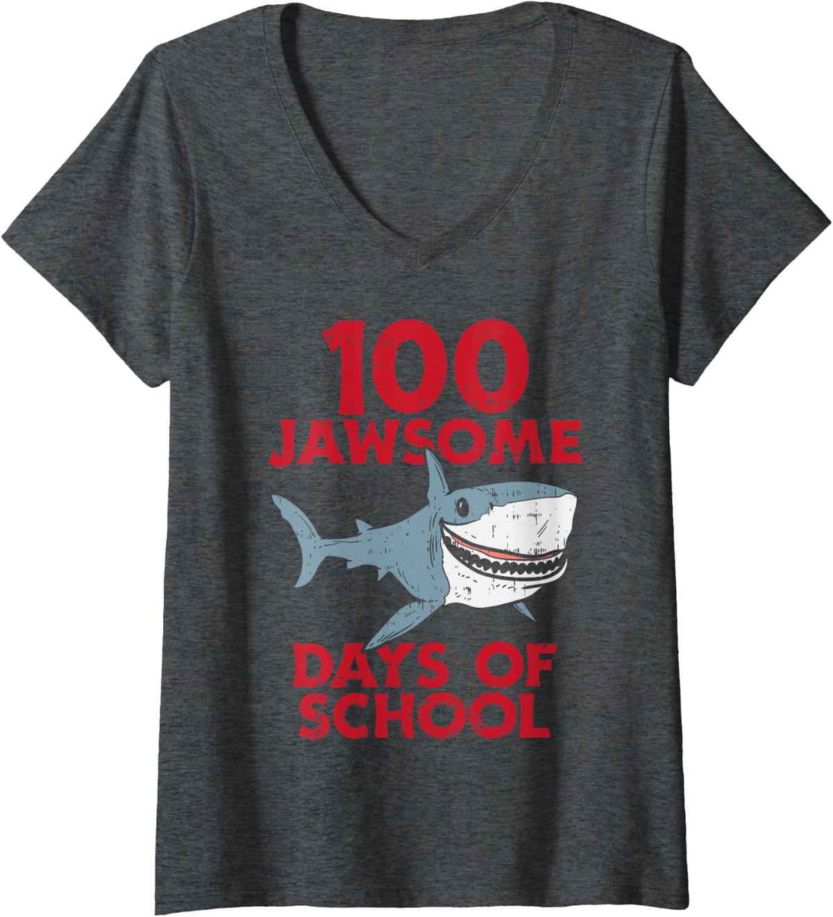 Women's 100 Jawsome Days School Shark 100th Day Boys Teacher V-Neck T-Shirt - Dark Heather Grey