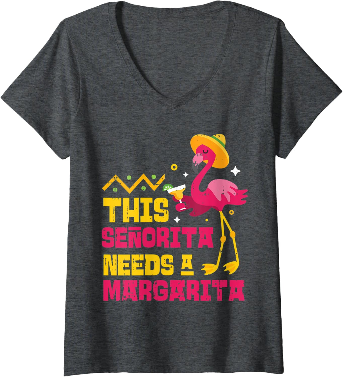 Womens Flamingo Senorita Margarita Funny Mexican Cinco De Mayo 2020 V-Neck T-Shirt - Dark Heather Grey