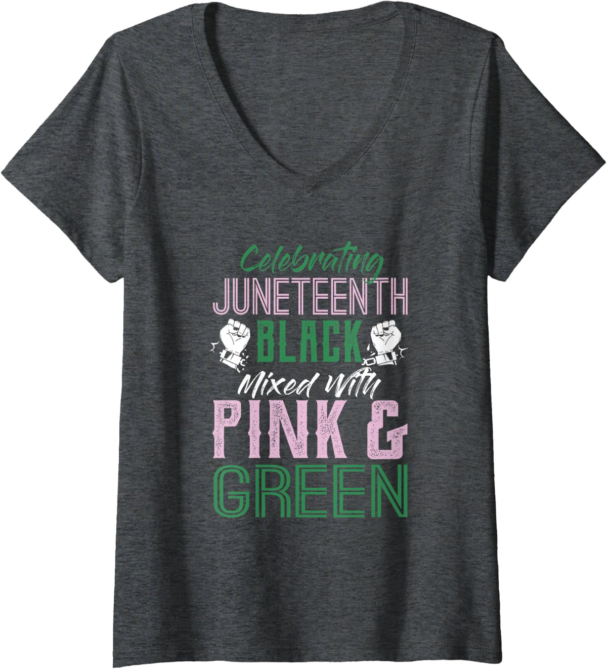 Womens Celebrating Juneteenth Black Mixed With Pink and Green V-Neck T-Shirt - Dark Heather Grey