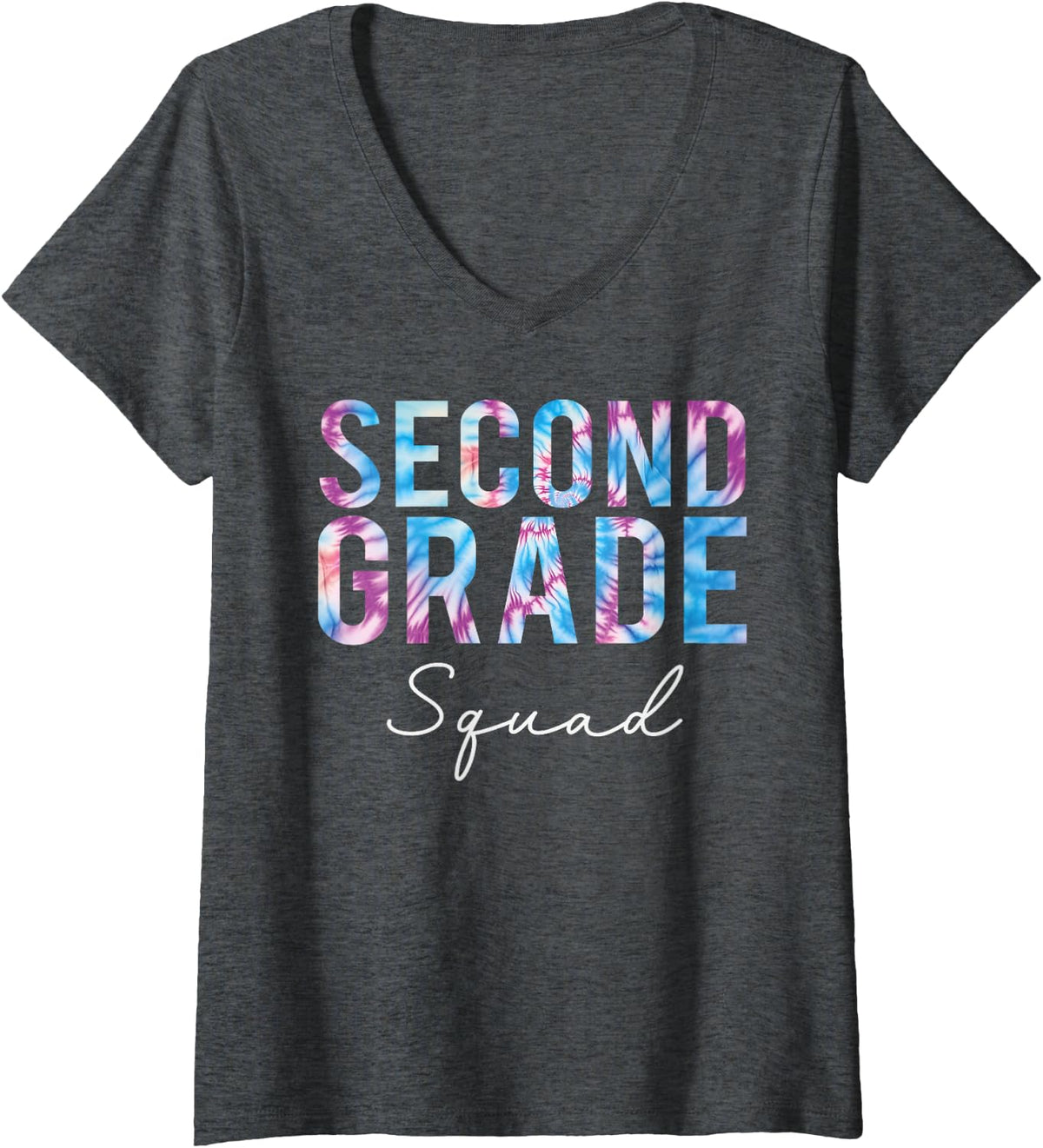 Women's Second Grade Squad Retro Tie Dye Back to School V-Neck T-Shirt - Dark Heather Grey