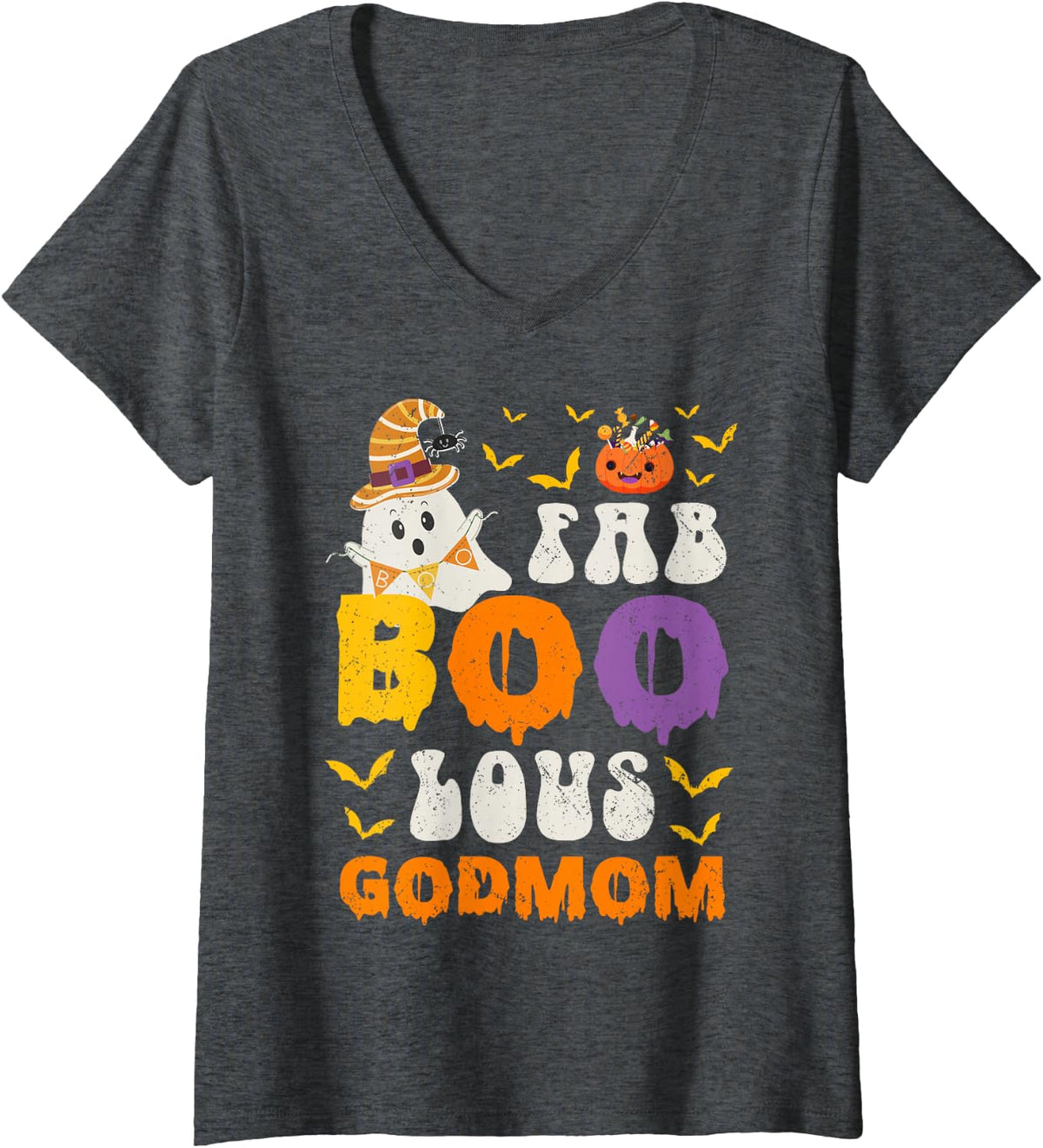 Women's Faboolous Godmom Halloween Ghost Fun Godmother V-Neck T-Shirt - Dark Heather Grey