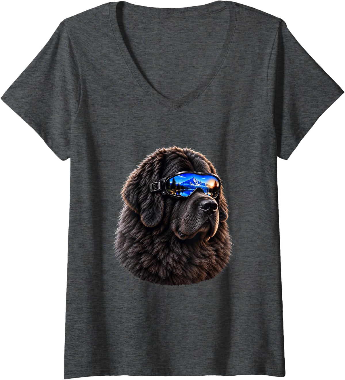 Women's Newfoundland Dog Sunglasses Mountain Newfie V-Neck T-Shirt - Dark Heather Grey