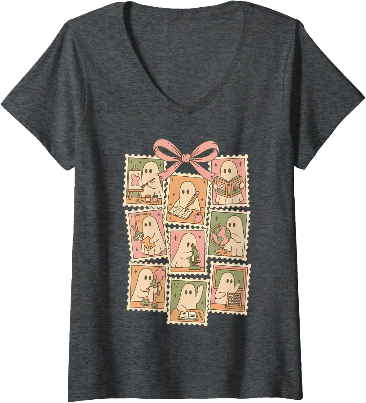 Women's Halloween Teacher Cute Spooky Ghost Coquette Fall Season V-Neck T-Shirt - Dark Heather Grey