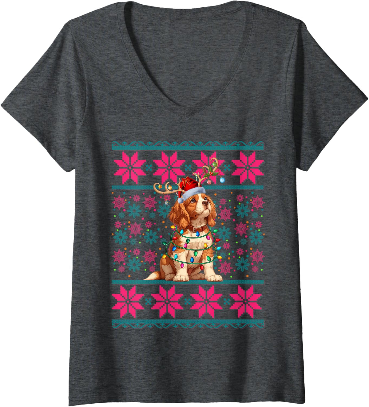 Women's Ugly Christmas Lights Cavalier King Charles Spaniel Dog Xmas V-Neck T-Shirt - Dark Heather Grey