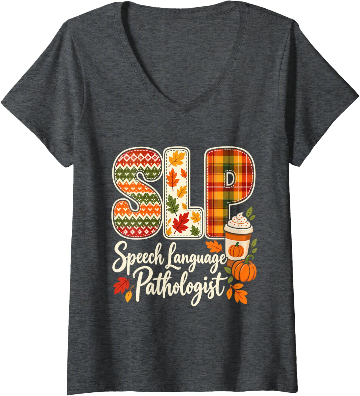 Women's SLP Speech Language Pathologist Fall Thanksgiving Design V-Neck T-Shirt - Dark Heather Grey