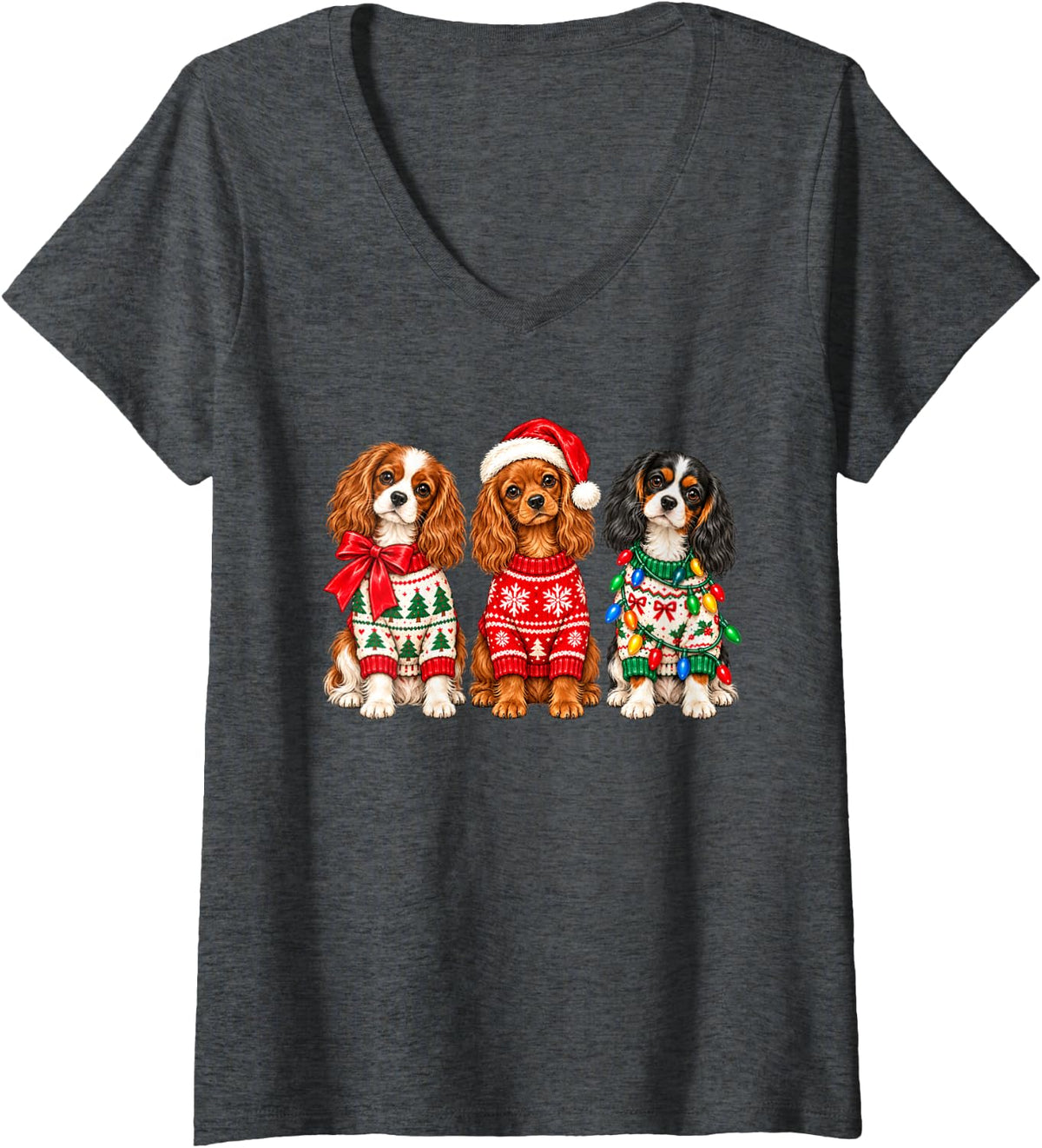 Women's Christmas Cavalier King Charles Spaniel Dogs Ugly Sweater V-Neck T-Shirt - Dark Heather Grey