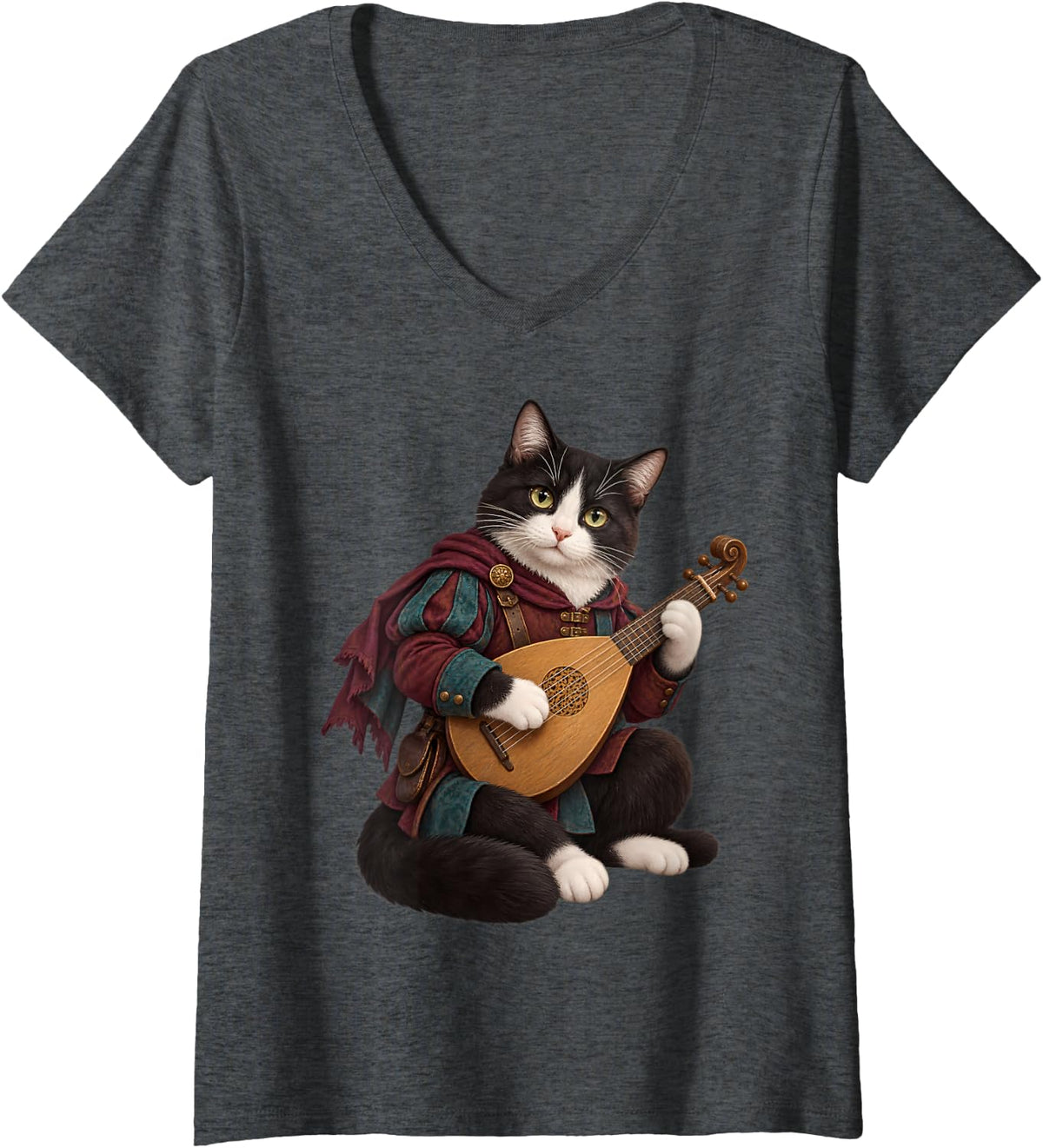 Women's Bard Cat Playing Lute Medieval Fantasy RPG Art V-Neck T-Shirt - Dark Heather Grey