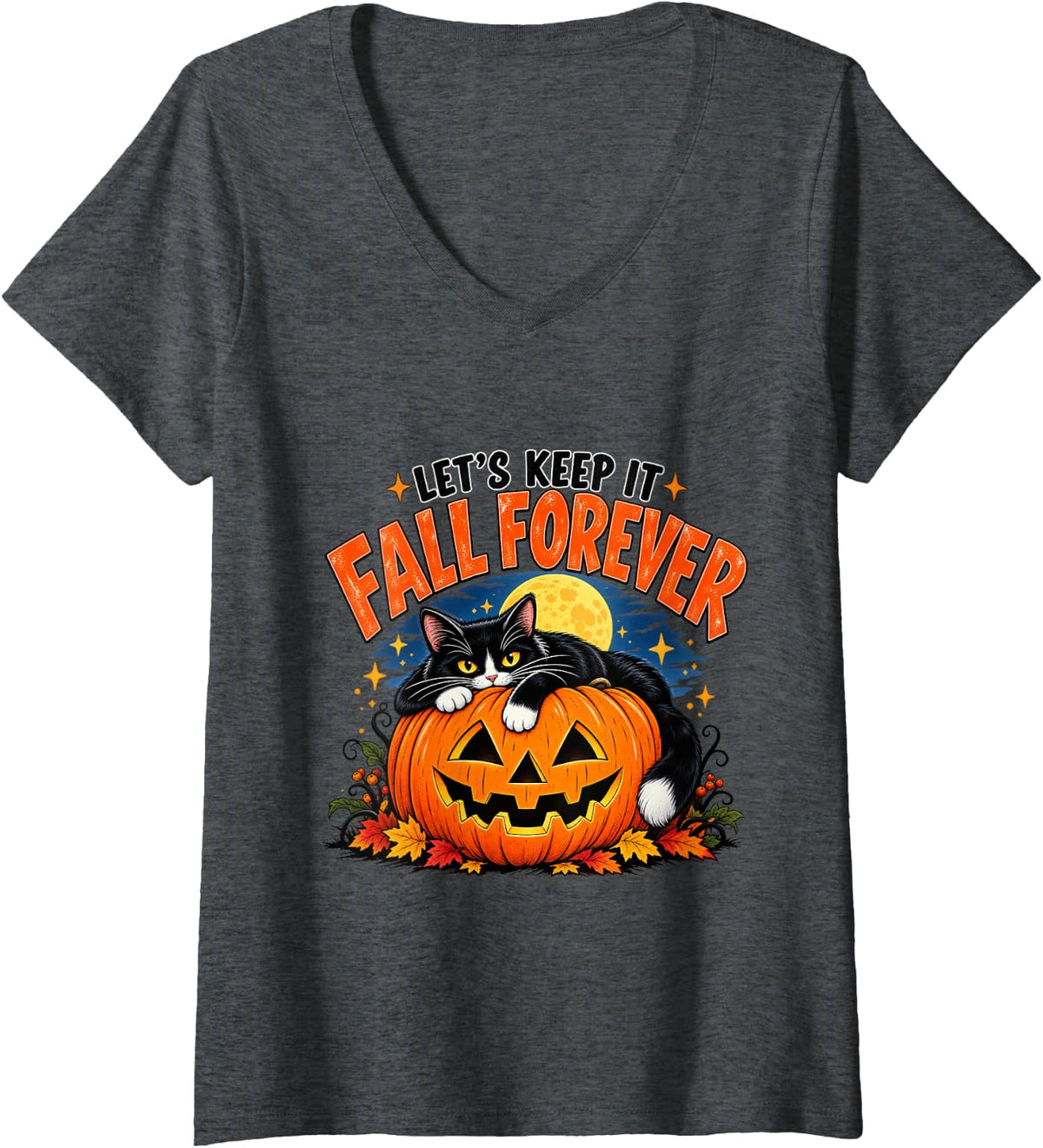 Women's Tuxedo Cat Autumn Fall Pumpkin Moon V-Neck T-Shirt - Dark Heather Grey