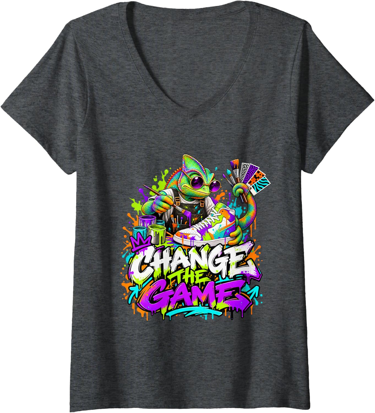 Women's Urban HIO Hop Change The Game Chameleon Sneaker Artist V-Neck T-Shirt - Dark Heather Grey