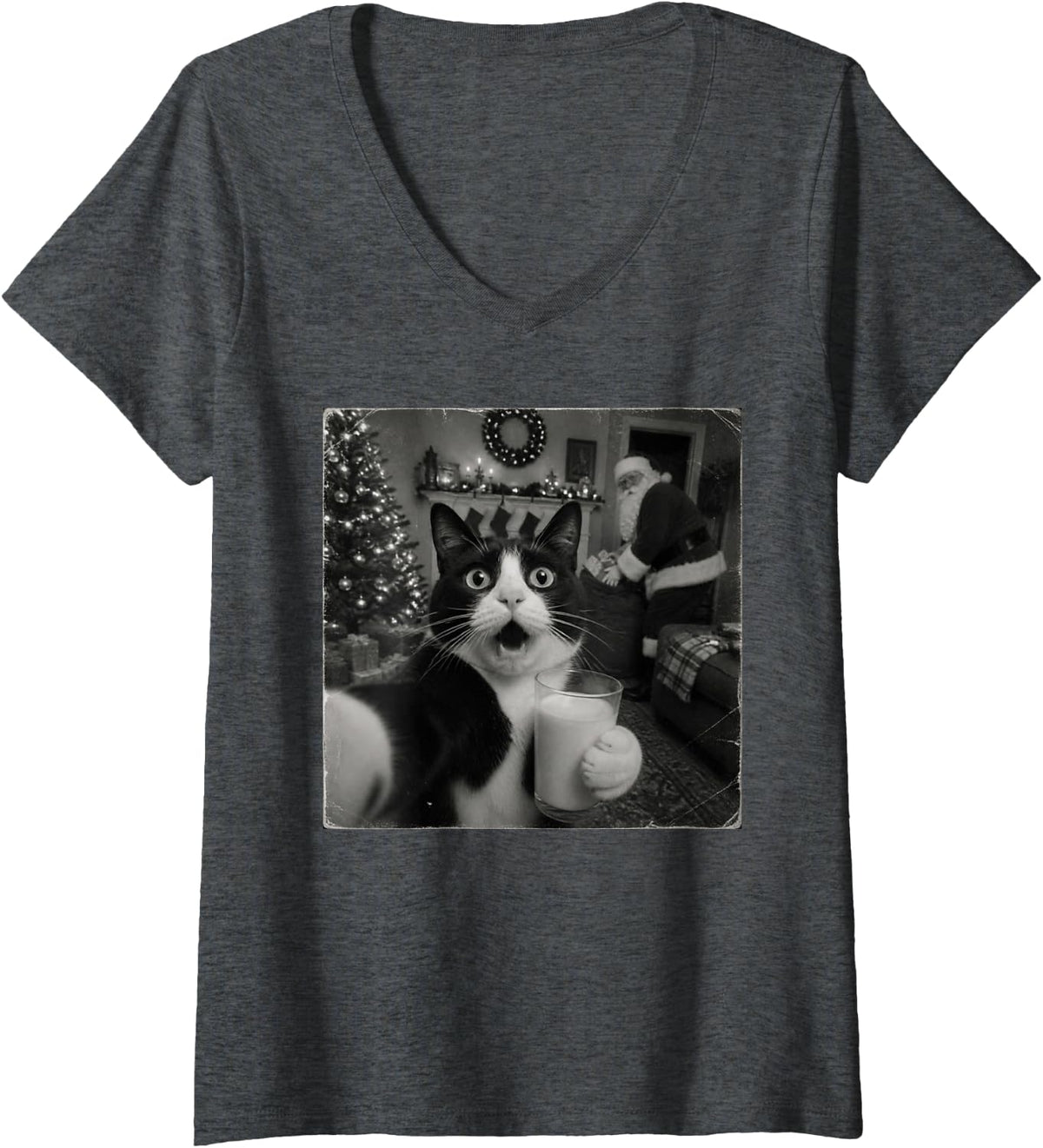 Women's Funny Christmas Tuxedo Cat V-Neck T-Shirt - Dark Heather Grey