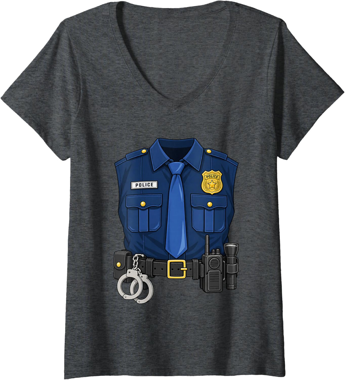 Women's Police Officer Uniform Costume Badge Tie Handcuffs Halloween V-Neck T-Shirt - Dark Heather Grey